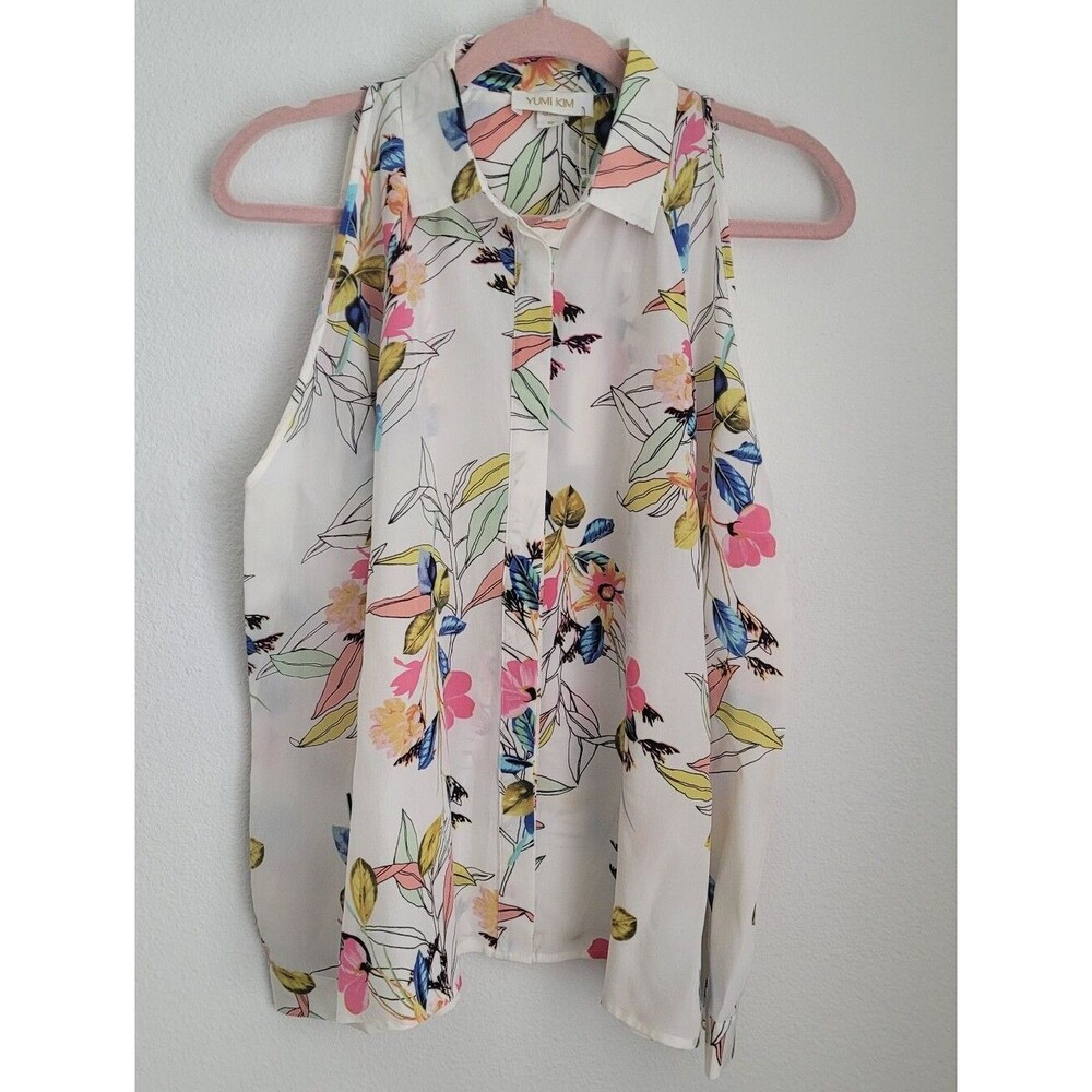NWT Yumi Kim 100% Silk Cold Shoulder Floral Button Front Blouse Top Ivory XS